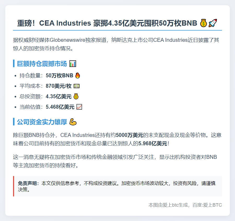 CEA持仓BNB超50万枚 投资4.35亿美元