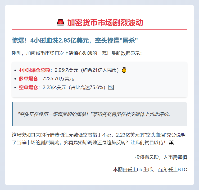4小时爆仓2.95亿 空单为主