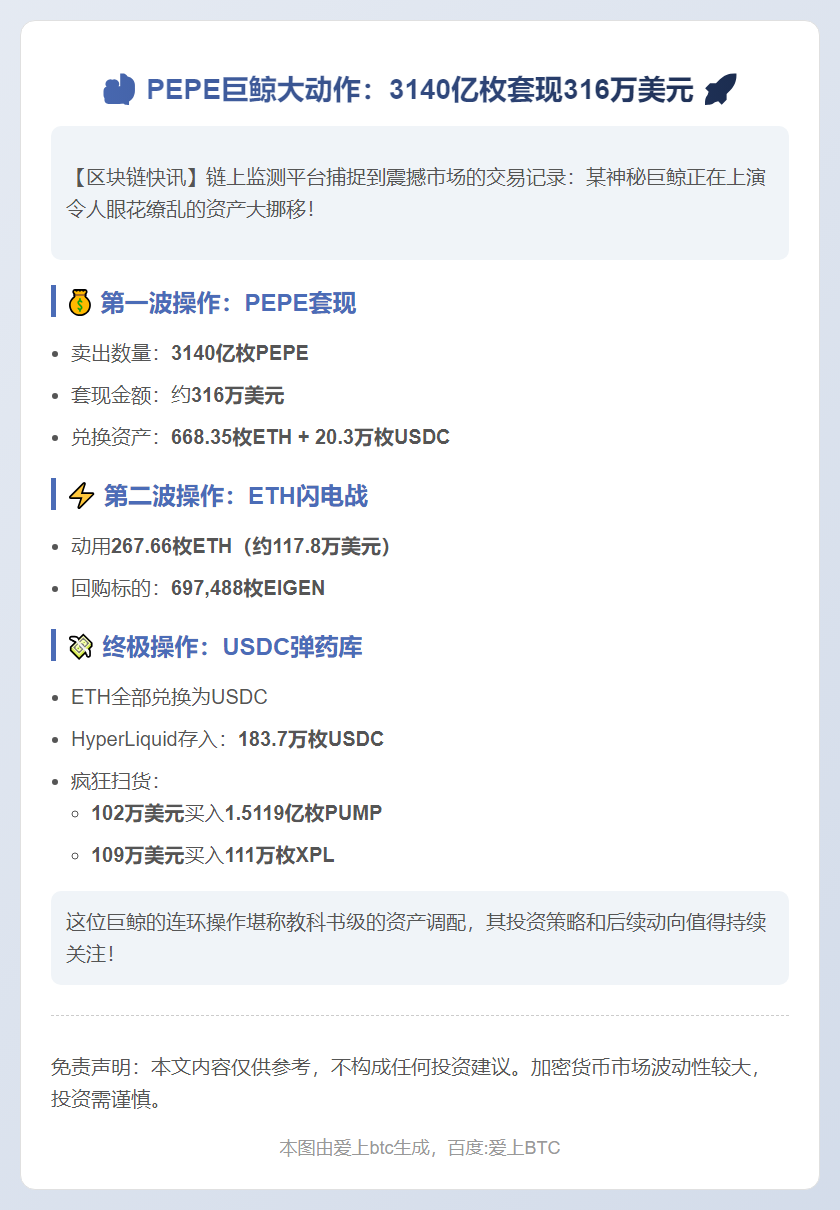 巨鲸抛售3140亿PEPE换ETH和USDC