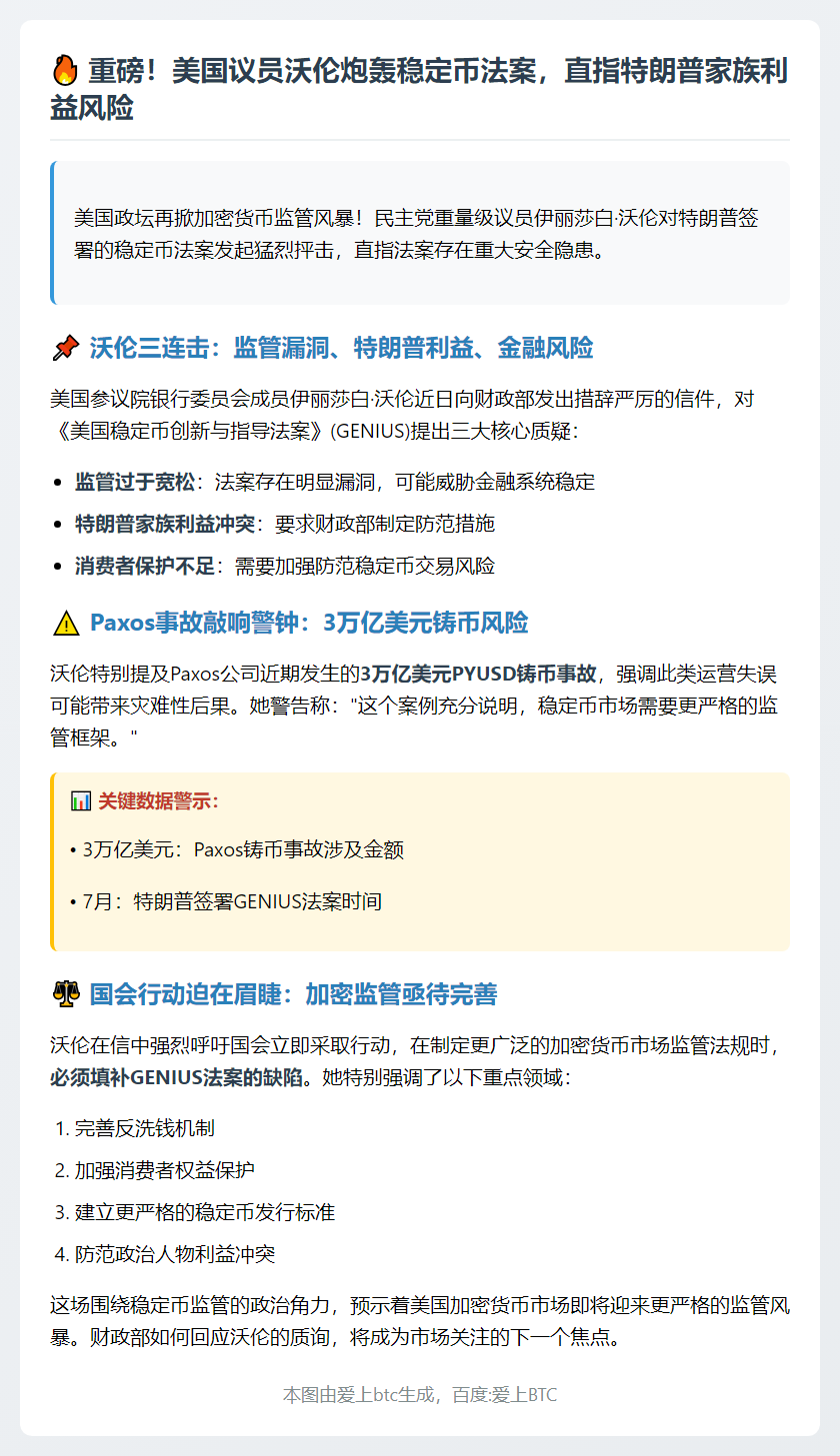 沃伦抨击稳定币法案 警告特朗普风险