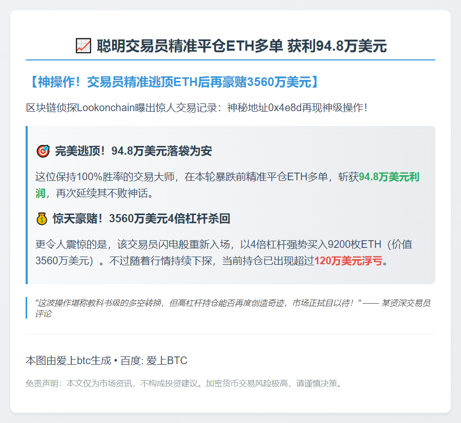 聪明交易员精准平仓ETH多单 获利94.8万美元