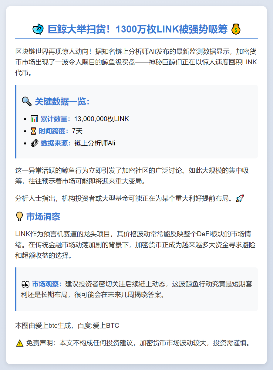 鲸鱼一周囤积1300万LINK