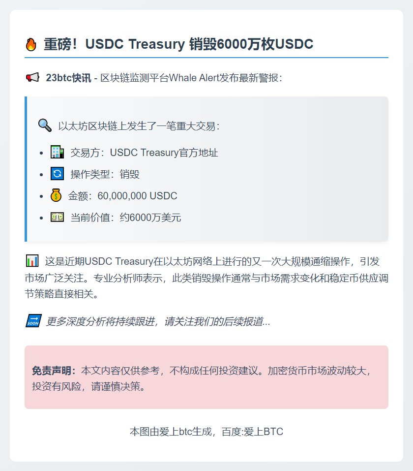 USDC Treasury销毁6000万枚USDC