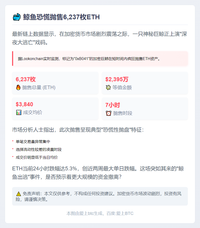 鲸鱼恐慌抛售6237枚ETH
