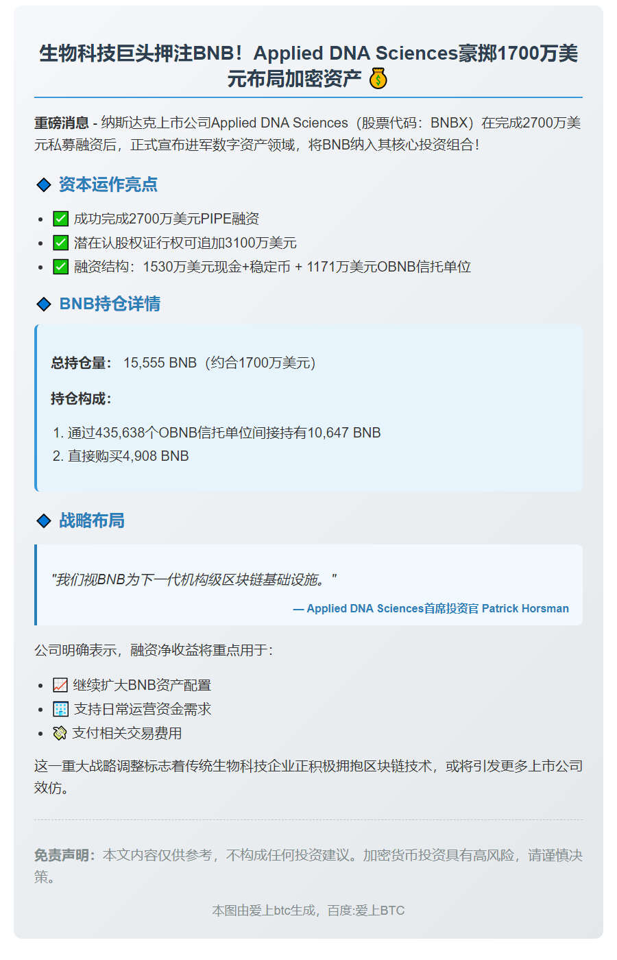 Applied DNA Sciences持有1700万美元BNB
