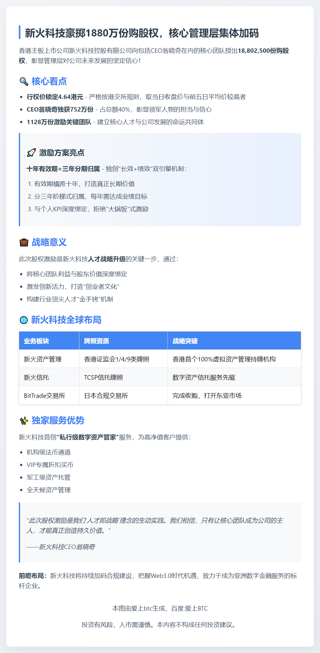 新火科技授出1880万购股权 核心层增持