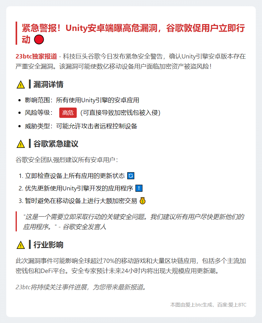 谷歌警告：Unity安卓漏洞需紧急更新