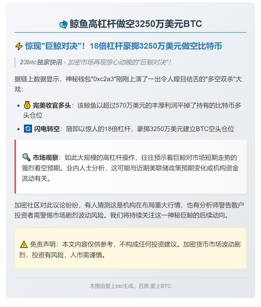 鲸鱼高杠杆做空3250万美元BTC