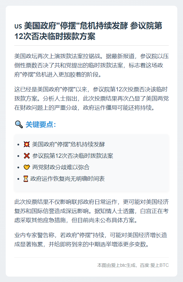 美参议院第12次否决拨款法案