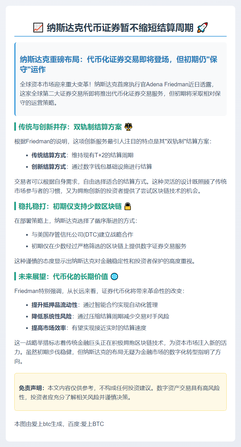 纳斯达克代币证券暂不缩短结算周期
