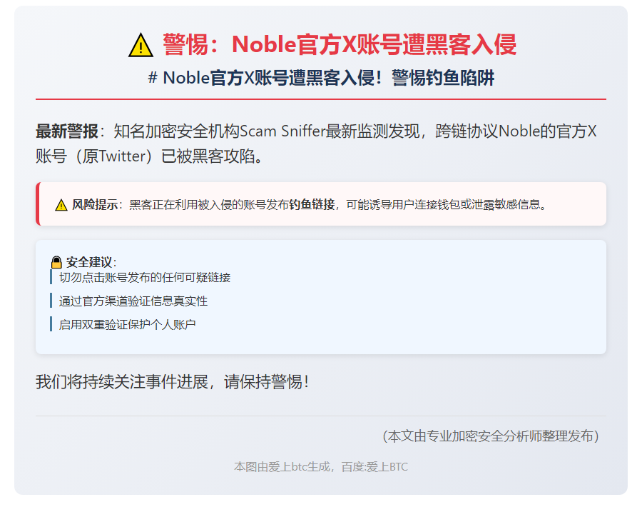 警惕：Noble官方X账号遭黑客入侵