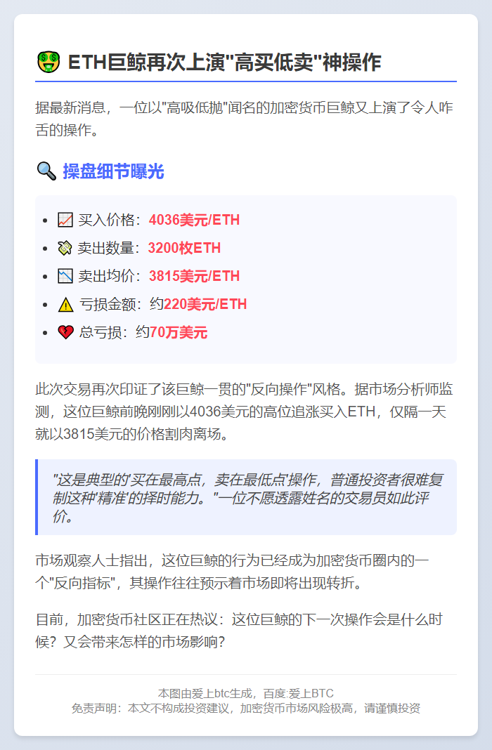 巨鲸割肉3200枚ETH，成交价3815美元