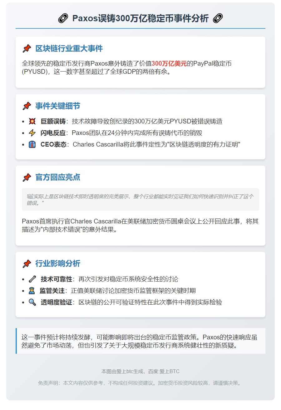 Paxos误铸300万亿稳定币后销毁，CEO赞区块链透明