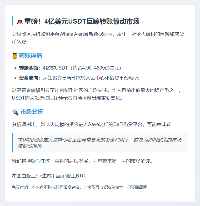 4亿USD由HTX转至Aave