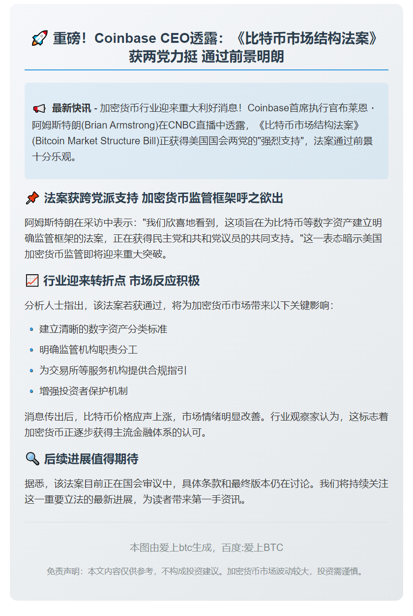 Coinbase CEO：比特币法案获两党支持