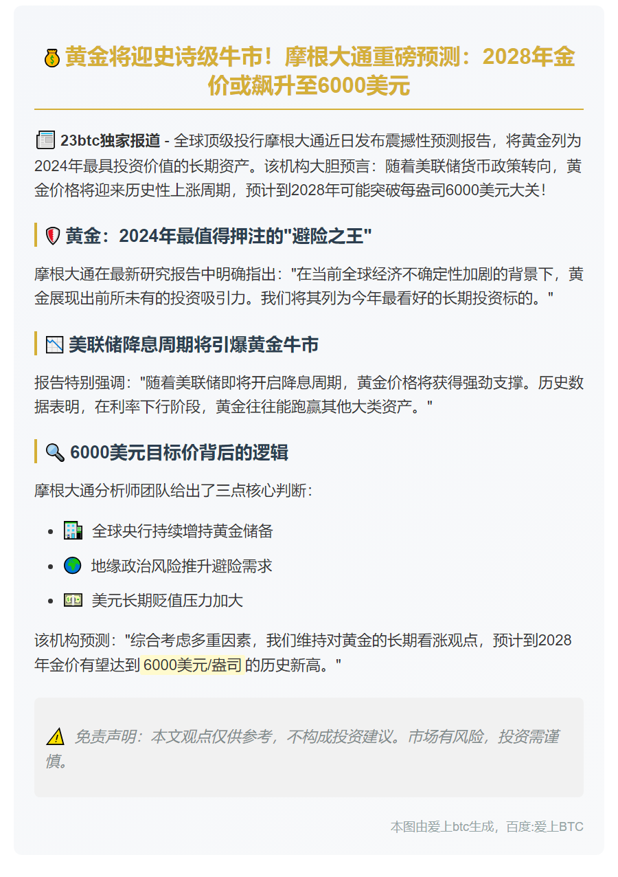 摩根大通：2028年金价或达6000美元