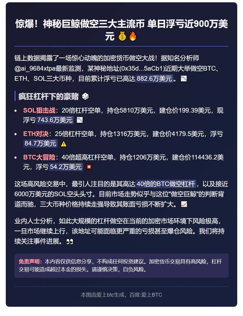 巨鲸做空BTC、ETH、SOL亏883万