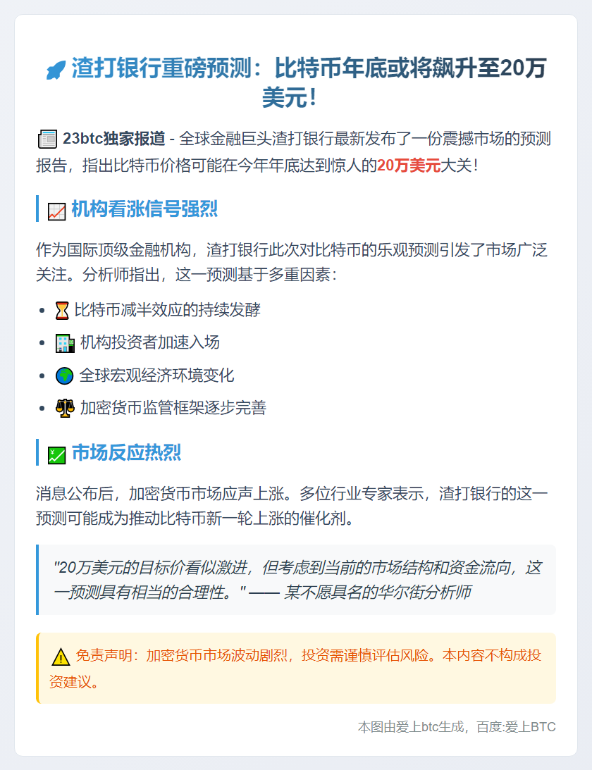渣打预测：年底比特币或涨至20万美元