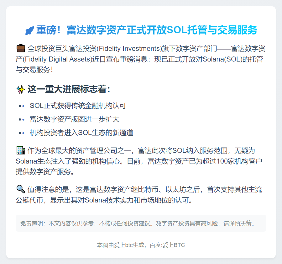 富达支持SOL托管与交易