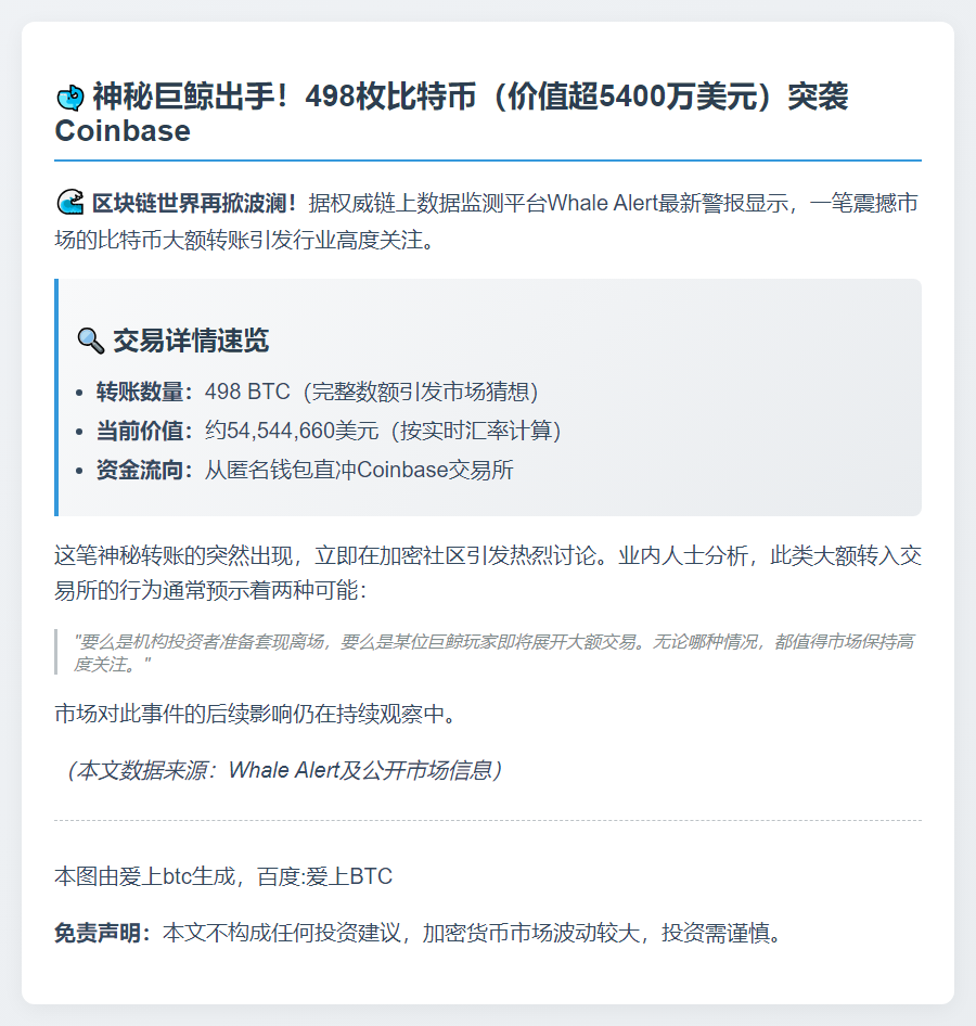 498枚BTC转至Coinbase