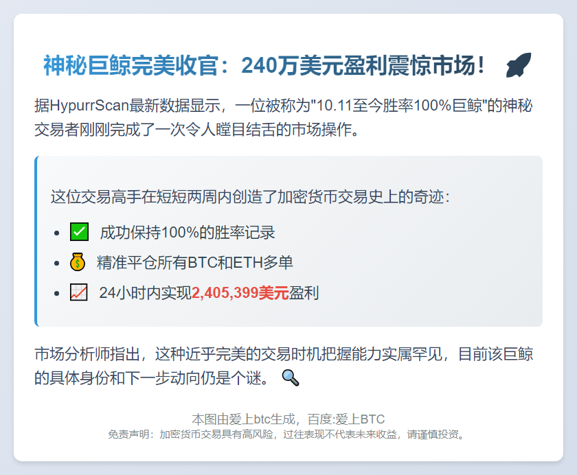 "巨鲸10.11至今100%胜率，平仓盈利240万"