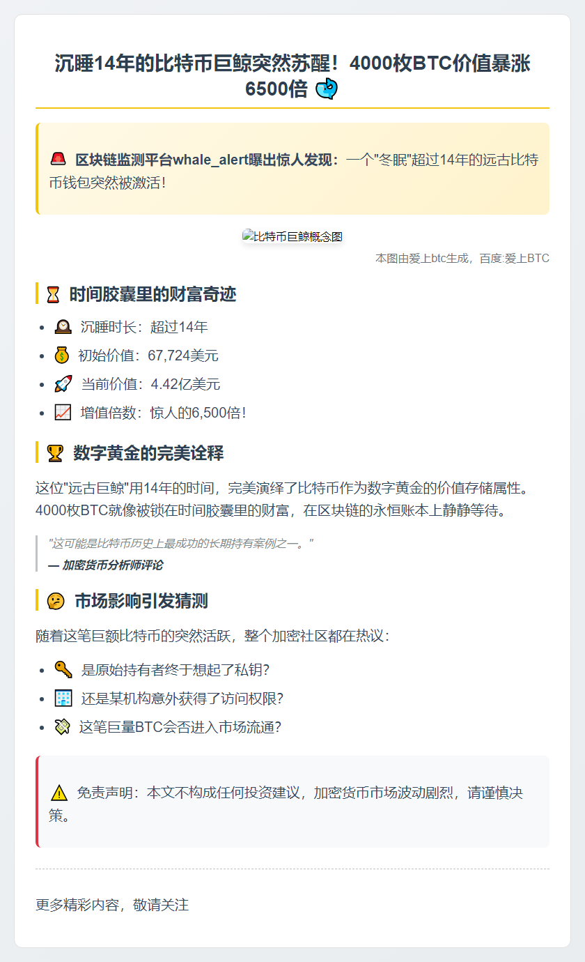 14年沉寂比特币巨鲸苏醒 持4000枚