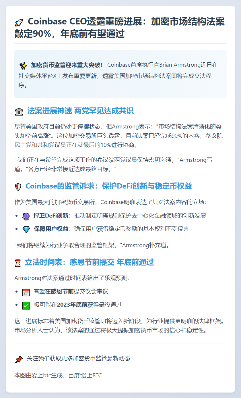 Coinbase CEO：市场法案90%完成，年底或通过