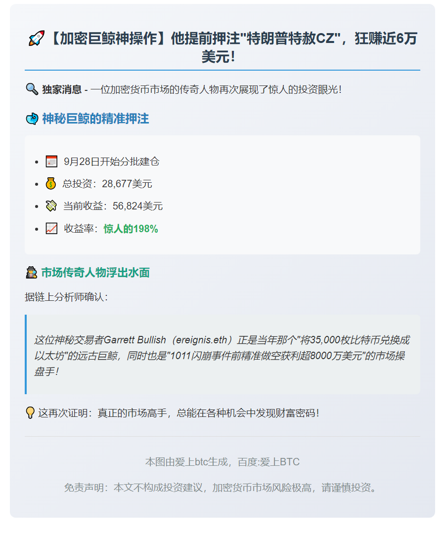 "巨鲸押注CZ特赦获利5.7万"