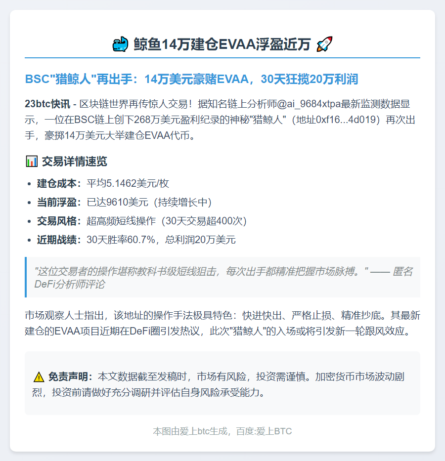 鲸鱼14万建仓EVAA浮盈近万