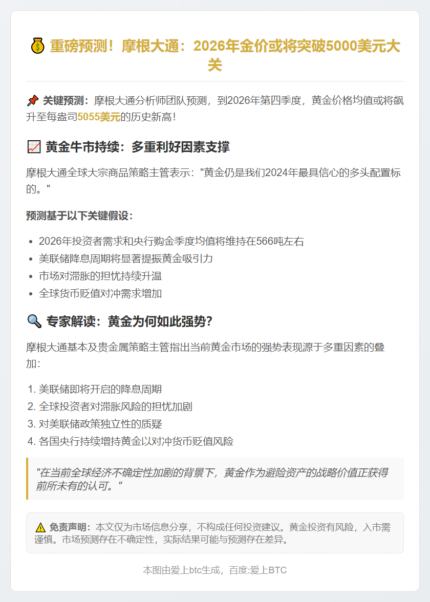 摩根大通：2026年金价或达5055美元