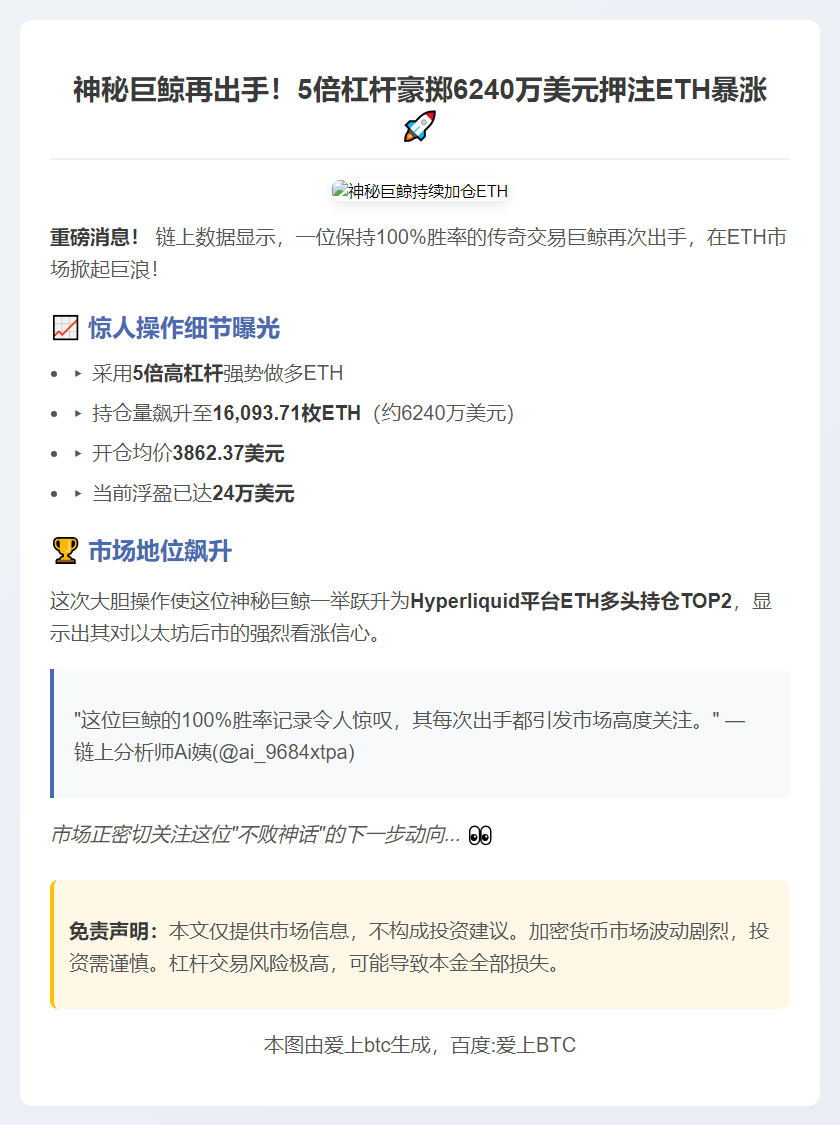 巨鲸5倍杠杆ETH多单增至6240万美元