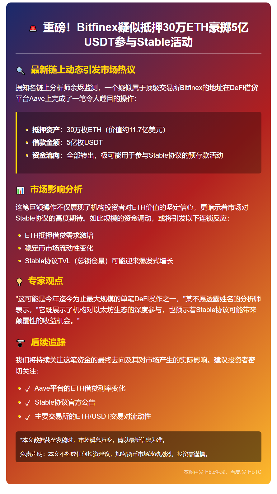 Bitfinex抵押30万ETH借款5亿USDT参与Stable活动