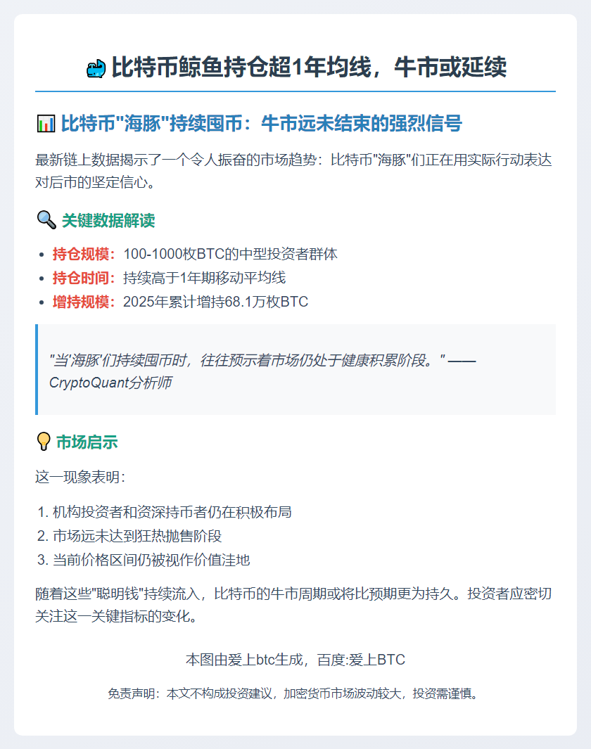 比特币鲸鱼持仓超1年均线，牛市或延续