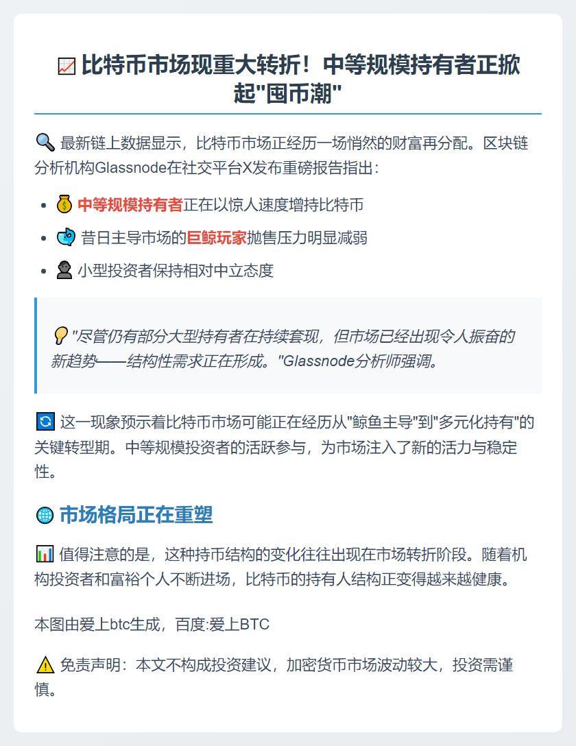 比特币中等持有者增持，新需求涌现