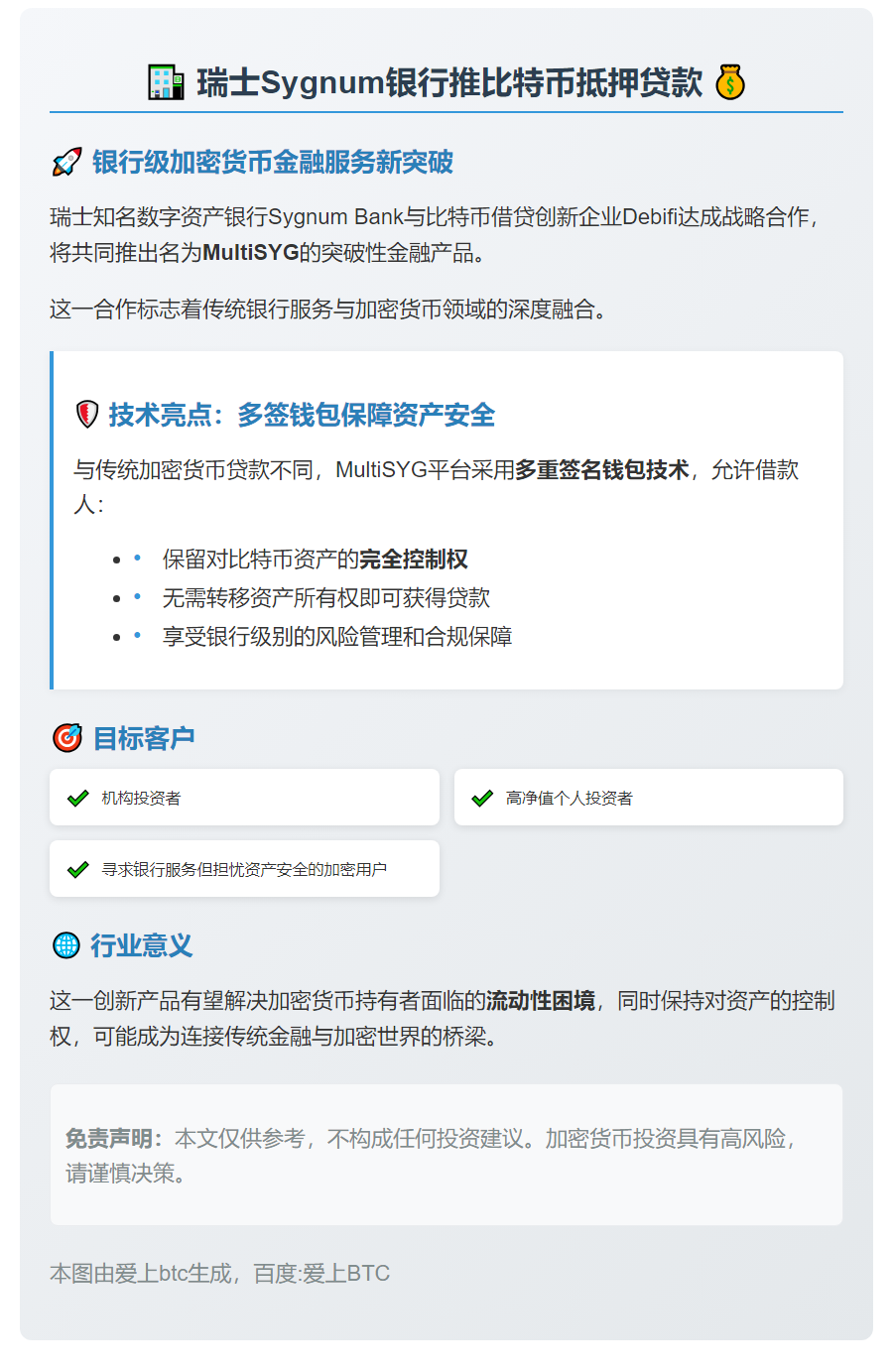 瑞士Sygnum银行推比特币抵押贷款