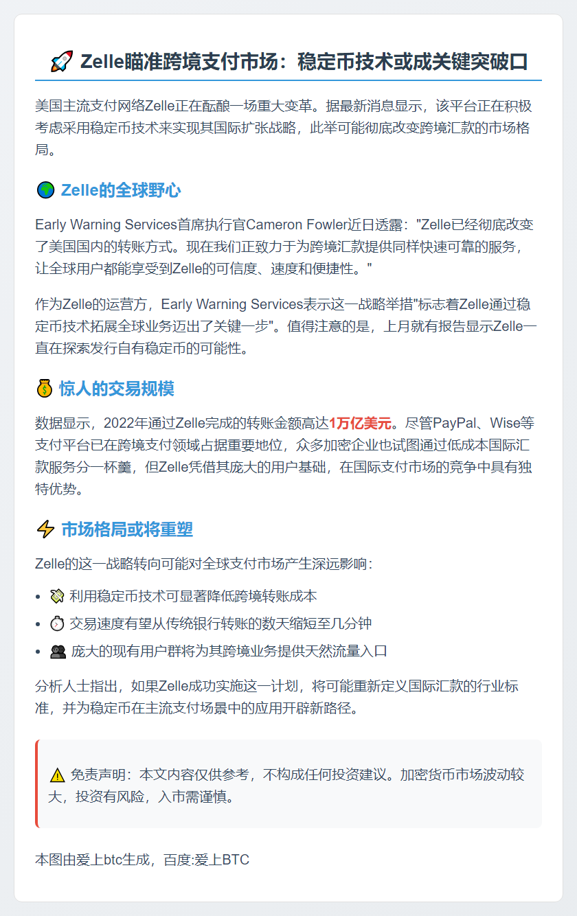 Zelle或借稳定币拓展国际市场