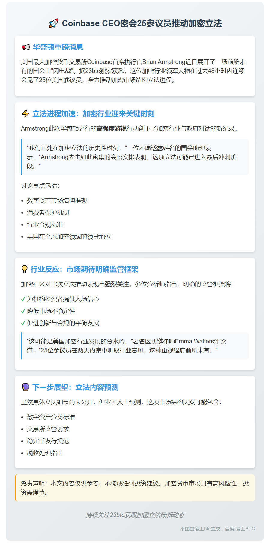 Coinbase CEO密会25参议员推动加密立法