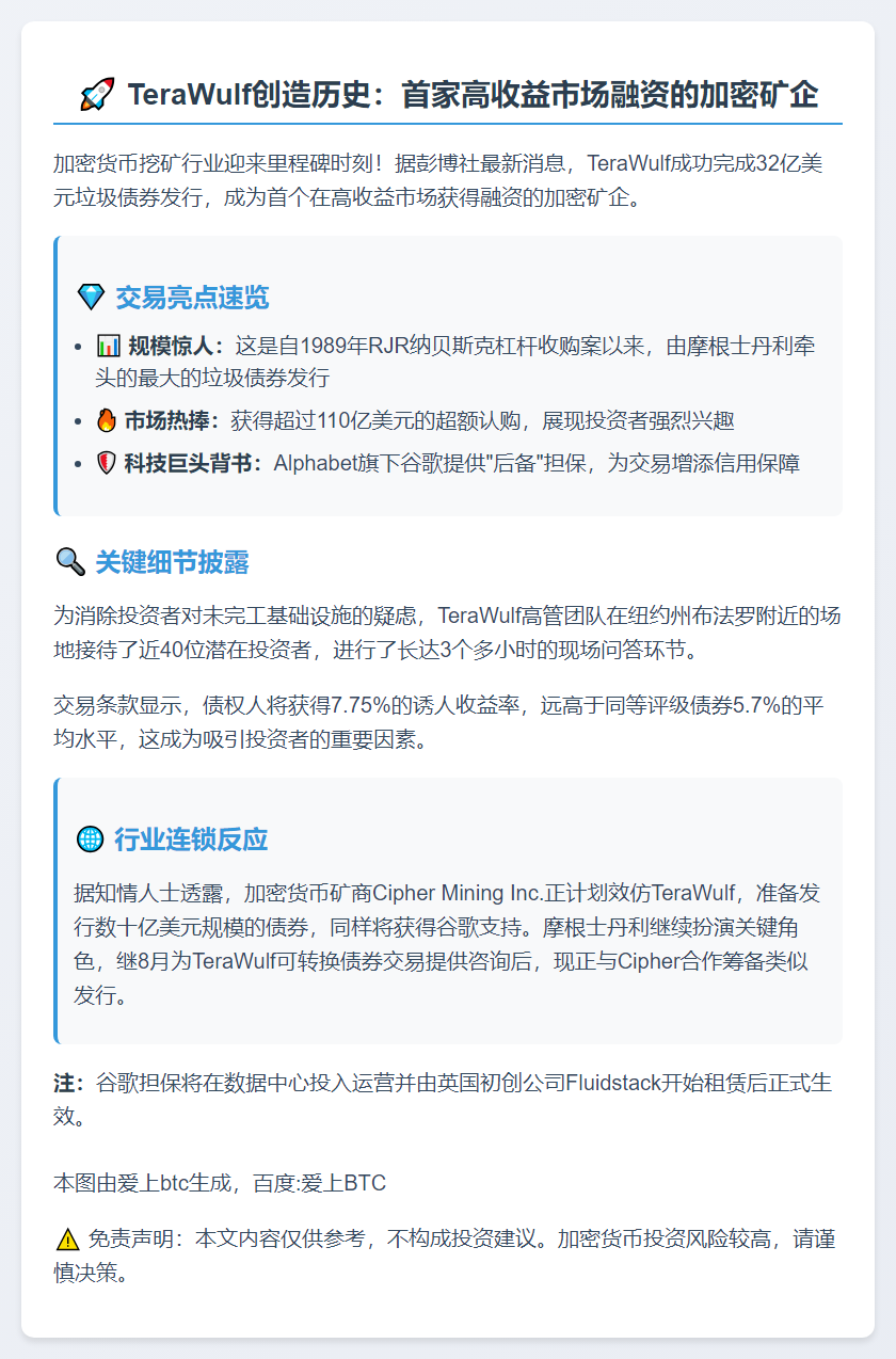 TeraWulf成首家高收益债市融资矿企