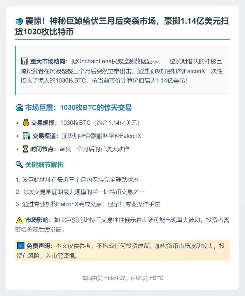 巨鲸沉寂3月后转收1030BTC