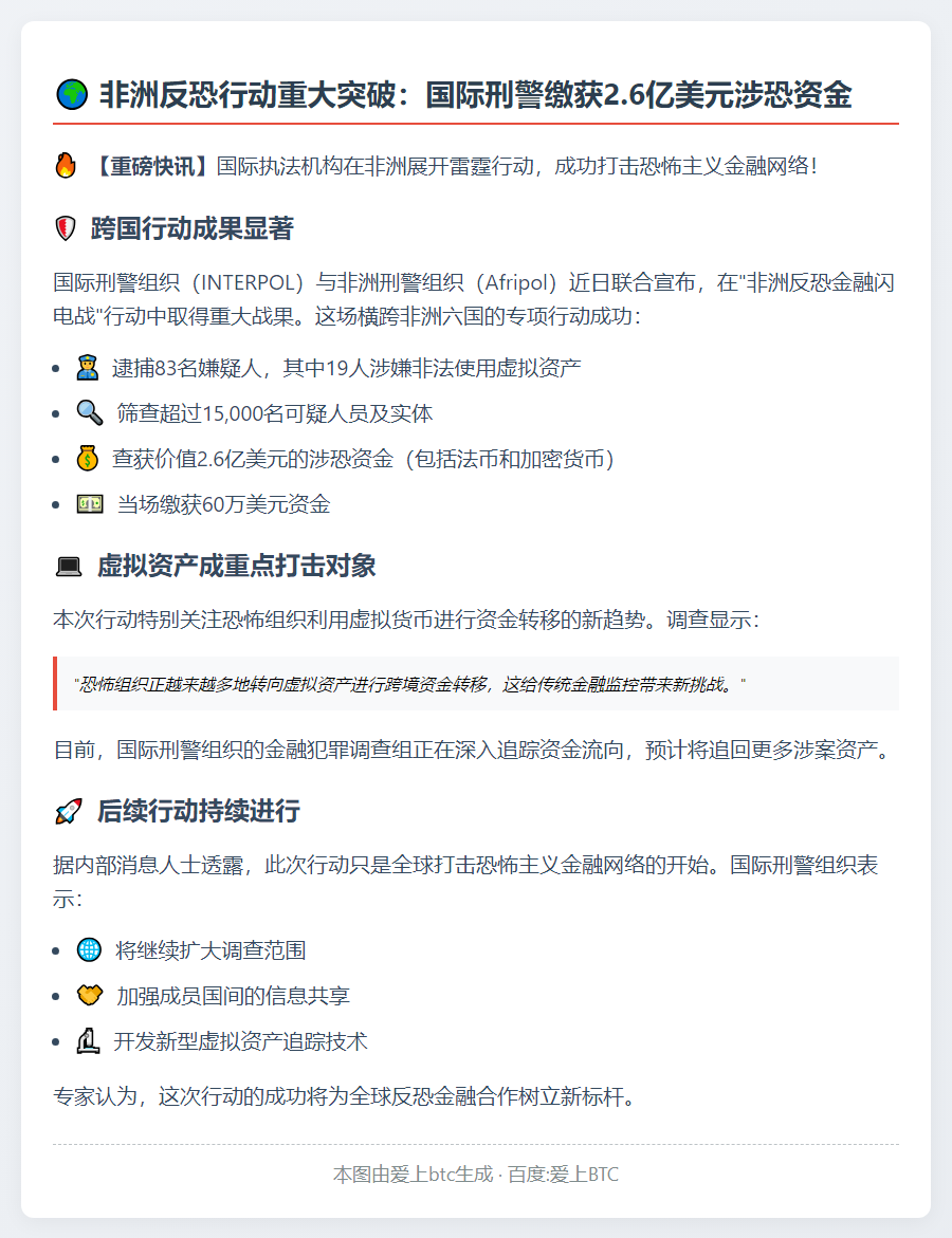 国际刑警组织在非洲逮捕19名非法使用虚拟资产的嫌疑人，并查获2.6亿美元涉恐资金
