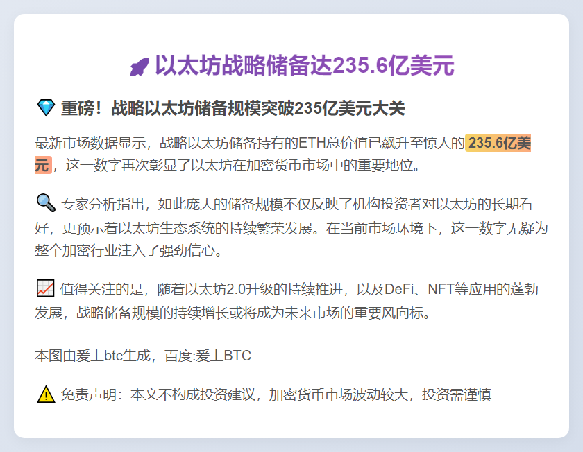 以太坊战略储备达235.6亿美元