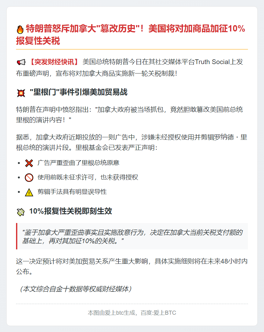 特朗普宣布对加拿大商品加征10%关税