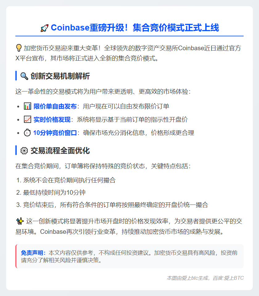 Coinbase推出集合竞价模式