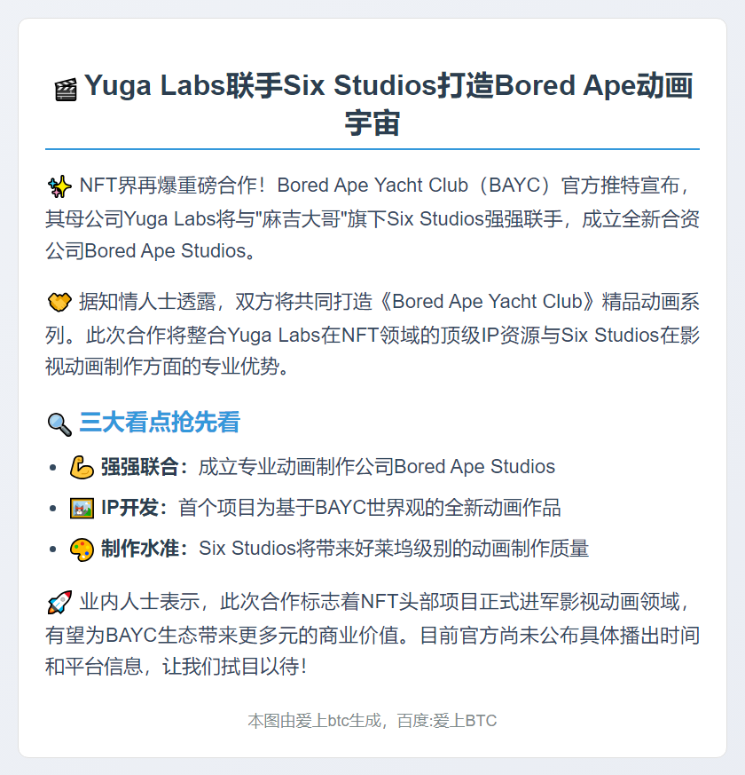 Yuga Labs联手Six Studios推出动画系列