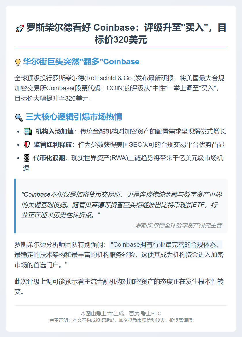 罗斯柴尔德看好 Coinbase：评级升至“买入”，目标价320美元