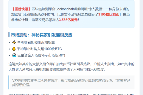 巨鲸3小时狂囤3195枚BTC