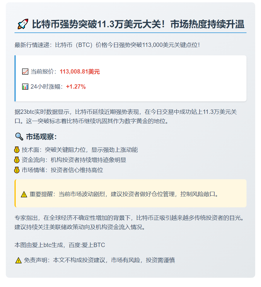 比特币突破11.3万美元