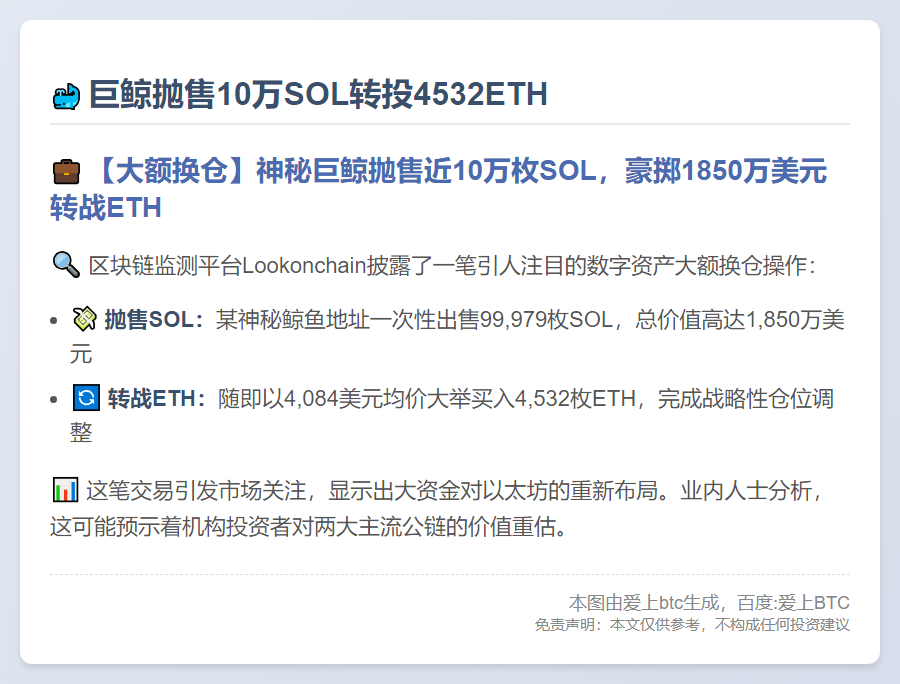 巨鲸抛售10万SOL转投4532ETH