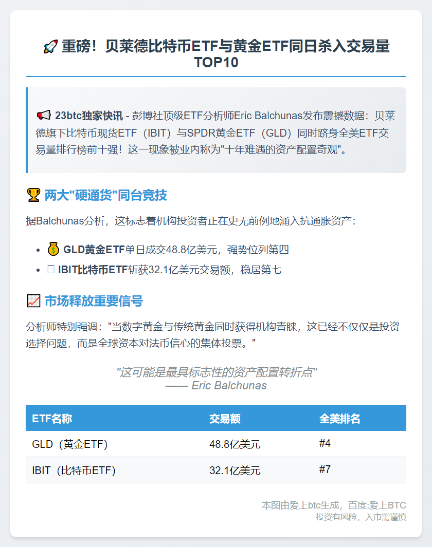 贝莱德IBIT与黄金ETF交易量跻身前十