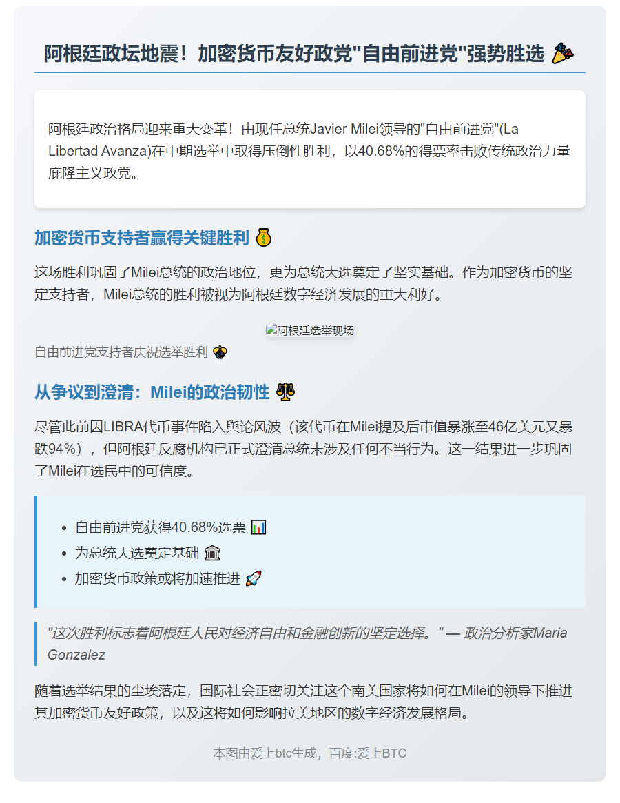 阿根廷总统Milei领导加密政党胜选